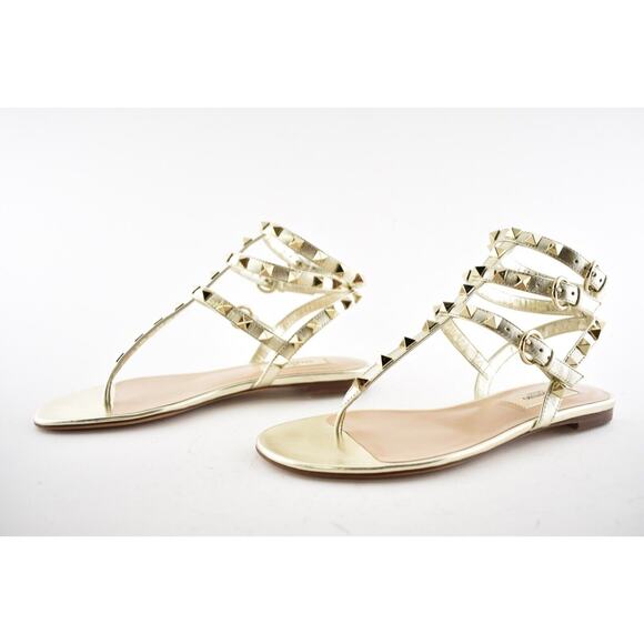 Valentino Rockstud P18 Gold Leather Triple Ankle Strap Gladiator Flat Sandal 35 - Picture 9 of 12
